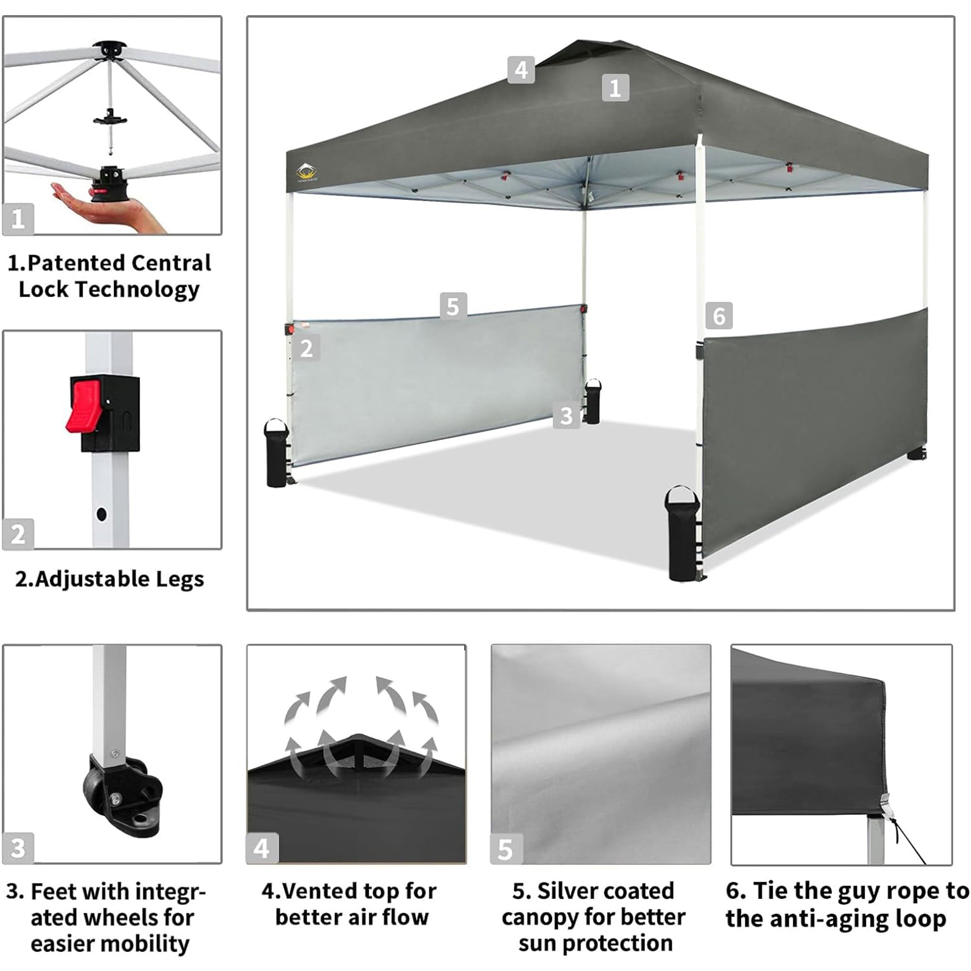 CROWN SHADES 10x10 Ft Pop Up Outdoor Canopy Tent w/2 Half Sidewalls, Grey (Used) - VMInnovations
