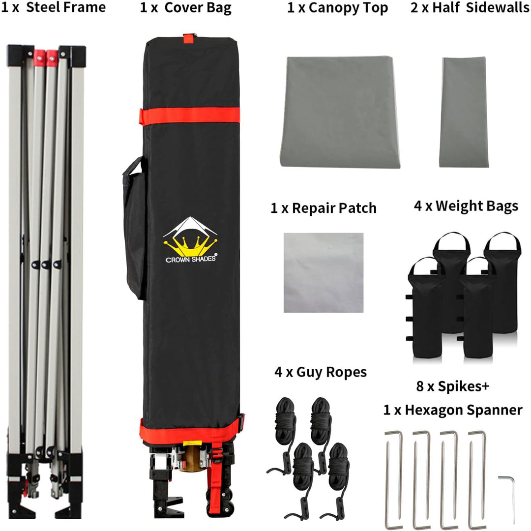 CROWN SHADES 10x10 Ft Pop Up Outdoor Canopy Tent w/2 Half Sidewalls, Grey (Used)