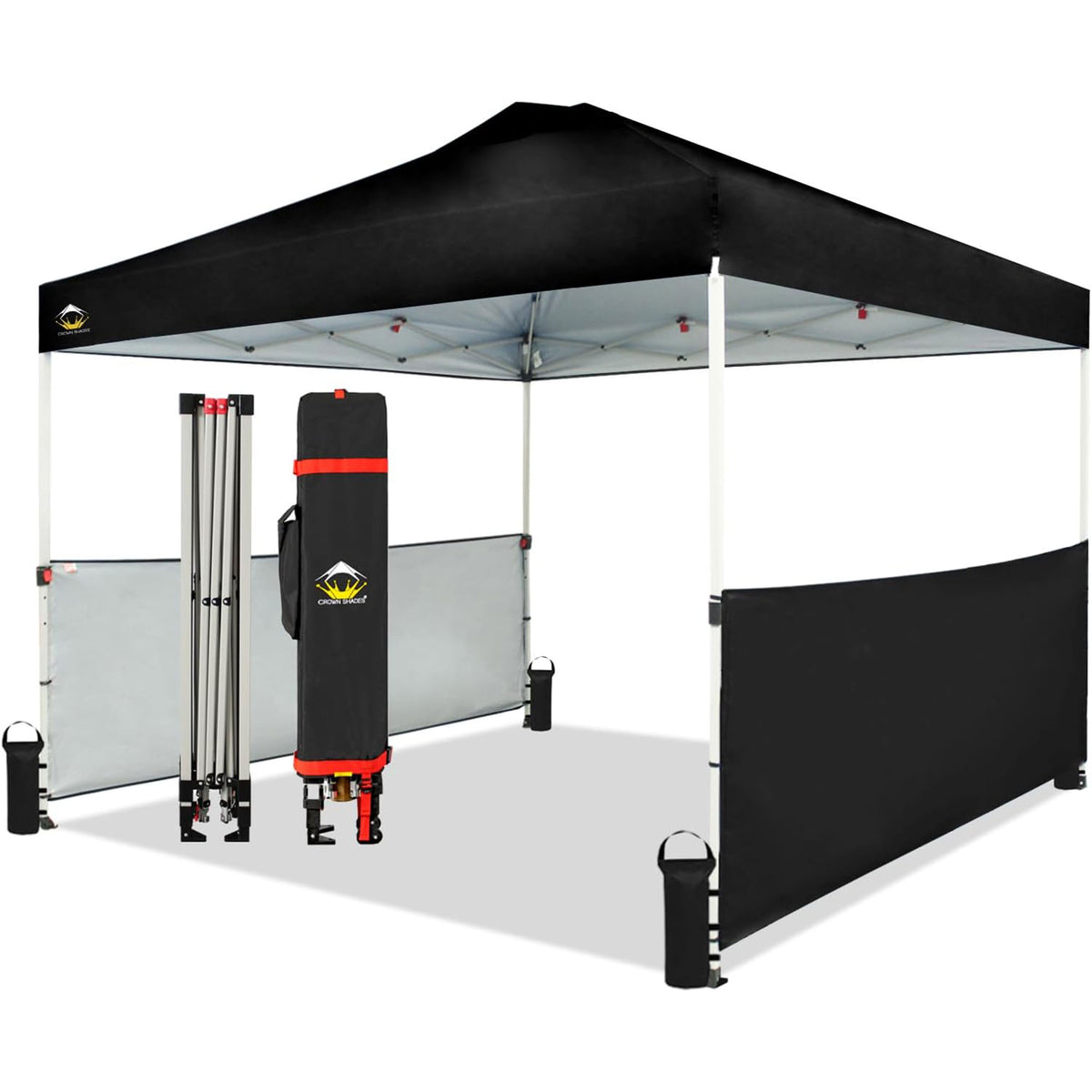 CROWN SHADES 10x10 Ft Pop Up Outdoor Canopy Tent with 2 Half Sidewalls, Black
