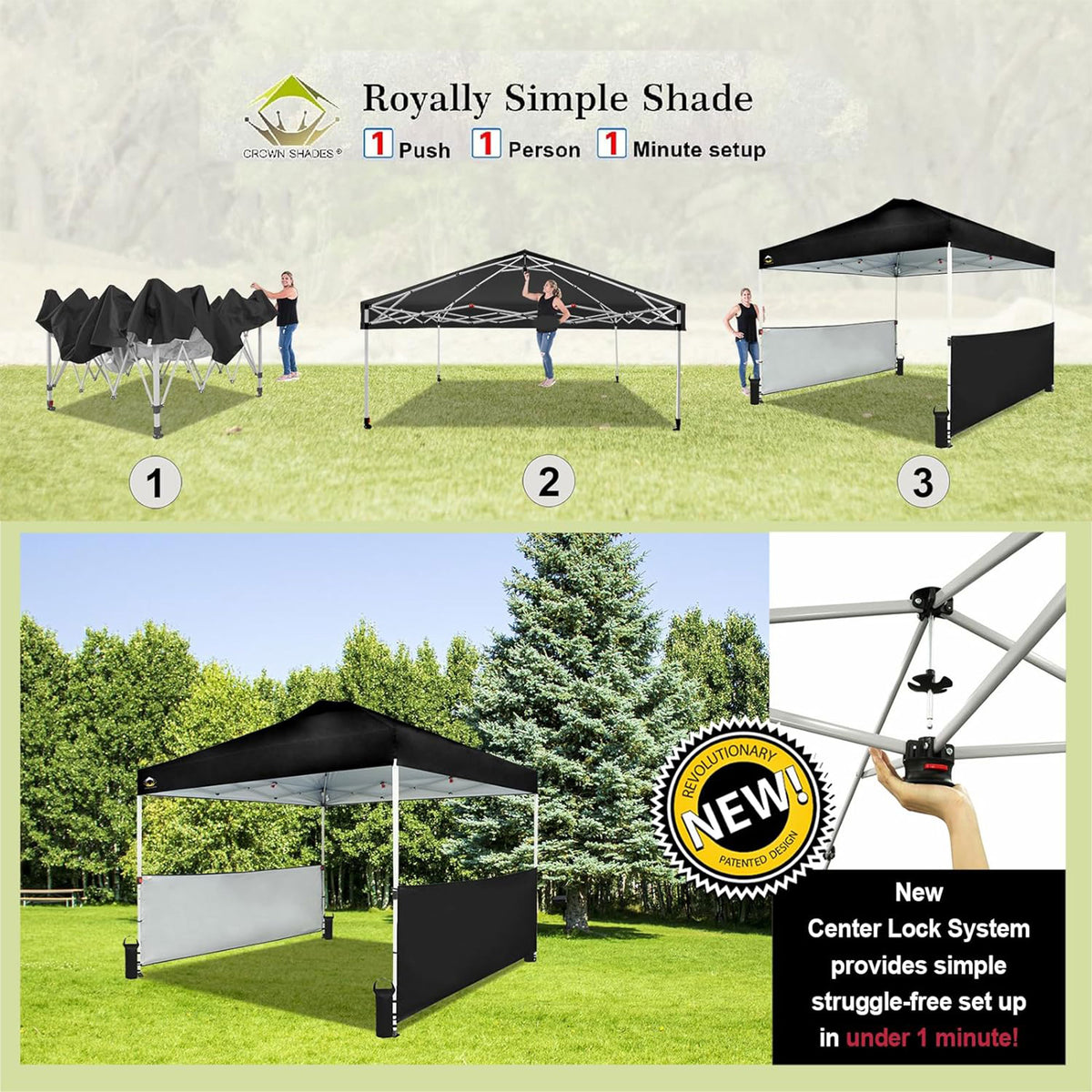 CROWN SHADES 10x10 Ft Pop Up Outdoor Canopy Tent with 2 Half Sidewalls, Black
