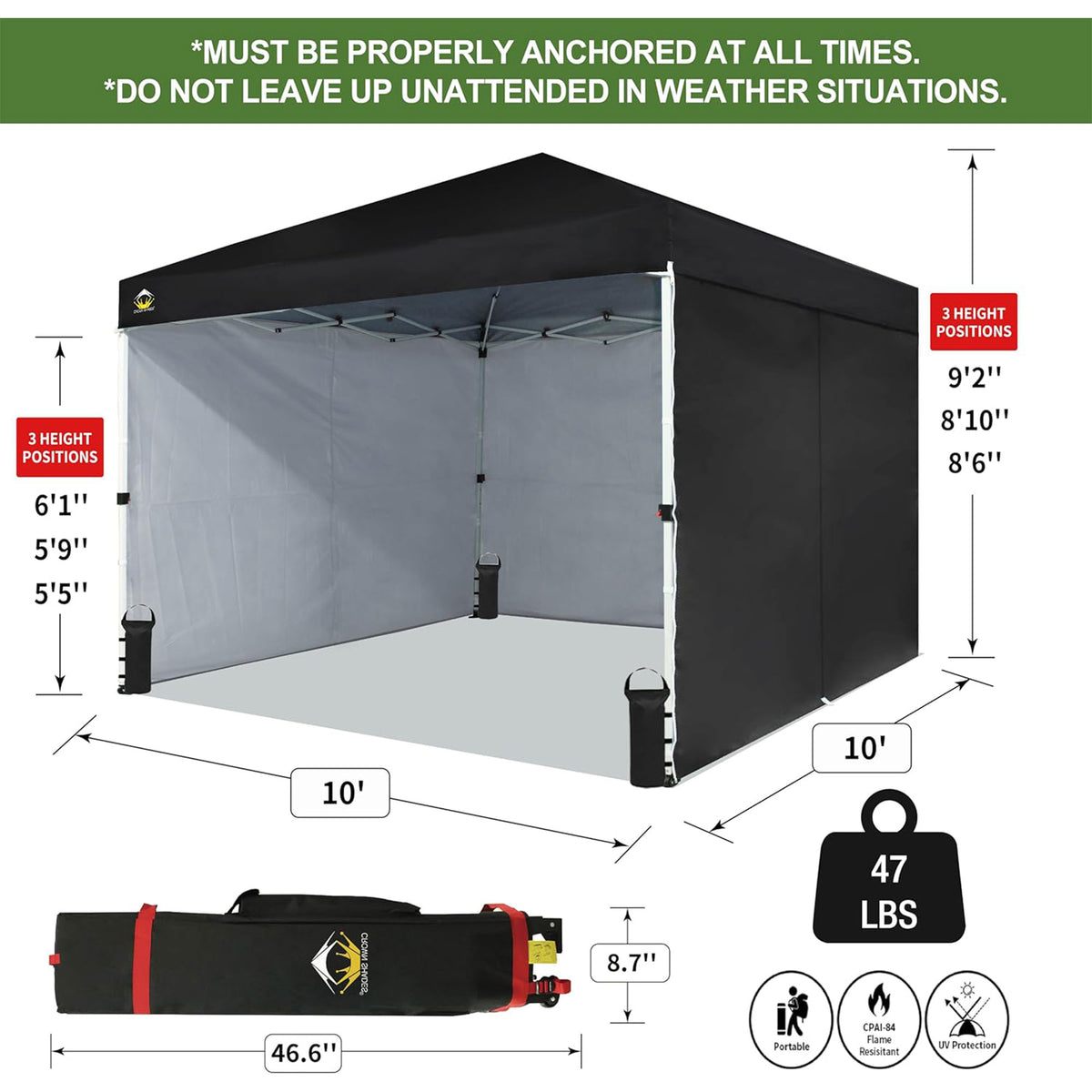 CROWN SHADES 10x10 Ft Pop Up Canopy Tent with 2 Wheels and 4 Sidewalls, Black