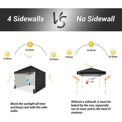CROWN SHADES 10x10 Ft Pop Up Canopy Tent with 2 Wheels and 4 Sidewalls, Black