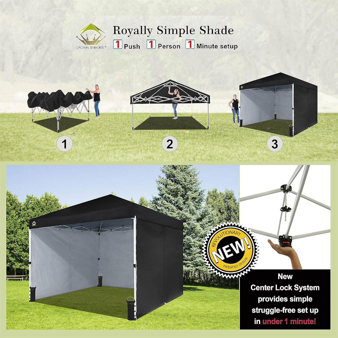 CROWN SHADES 10x10 Ft Pop Up Canopy with 2 Wheels & 4 Sidewalls, Black (Used)