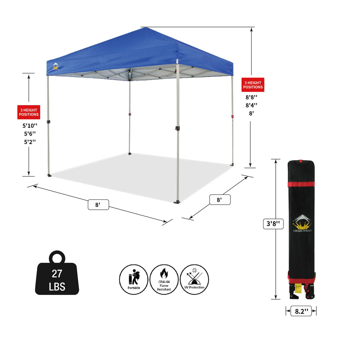 CROWN SHADES 8x8 Ft Pop Up Outdoor Canopy Tent with 1 Push Center Lock, Blue