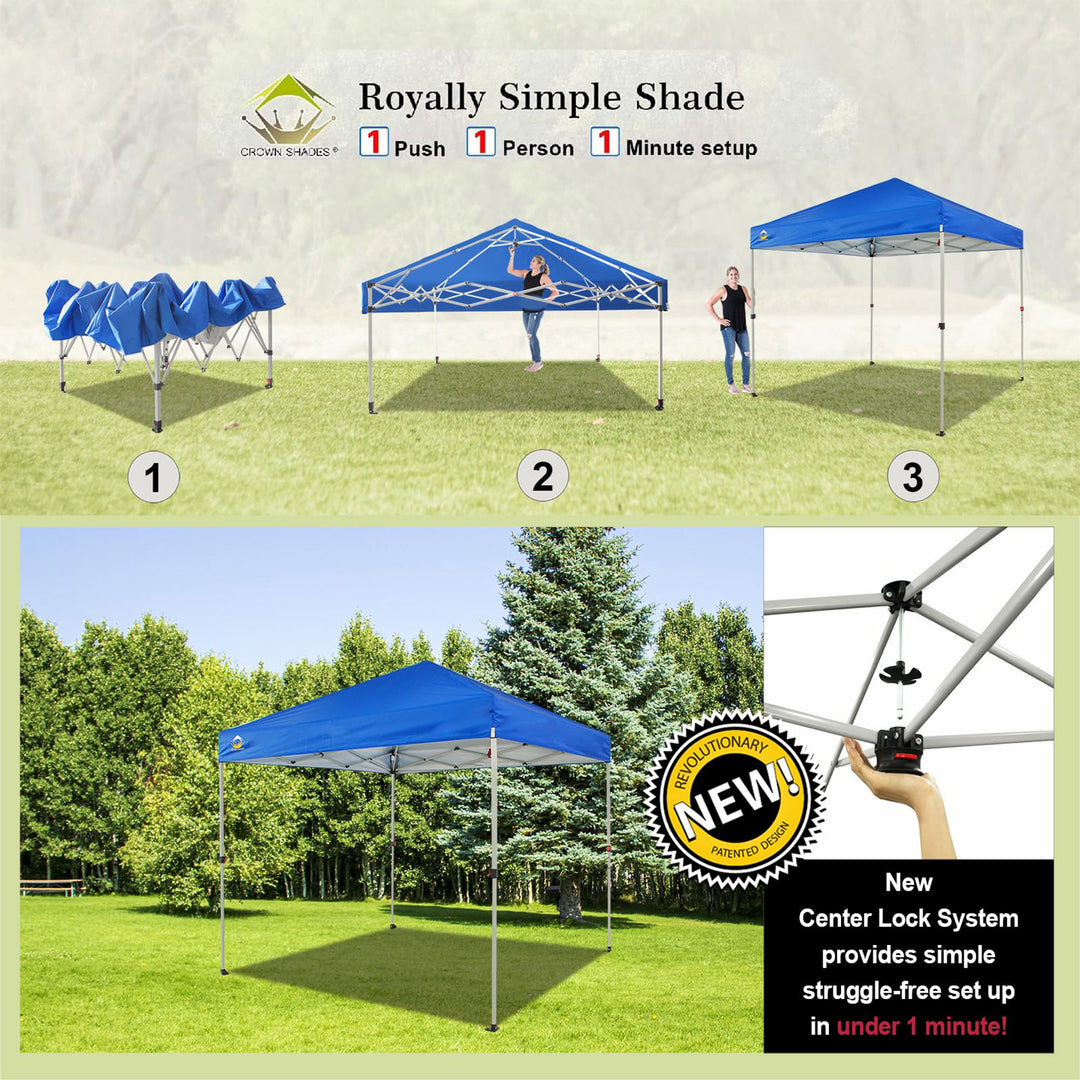 CROWN SHADES 8x8 Ft Pop Up Canopy Tent with 1 Push Center Lock, Blue (Used) - VMInnovations