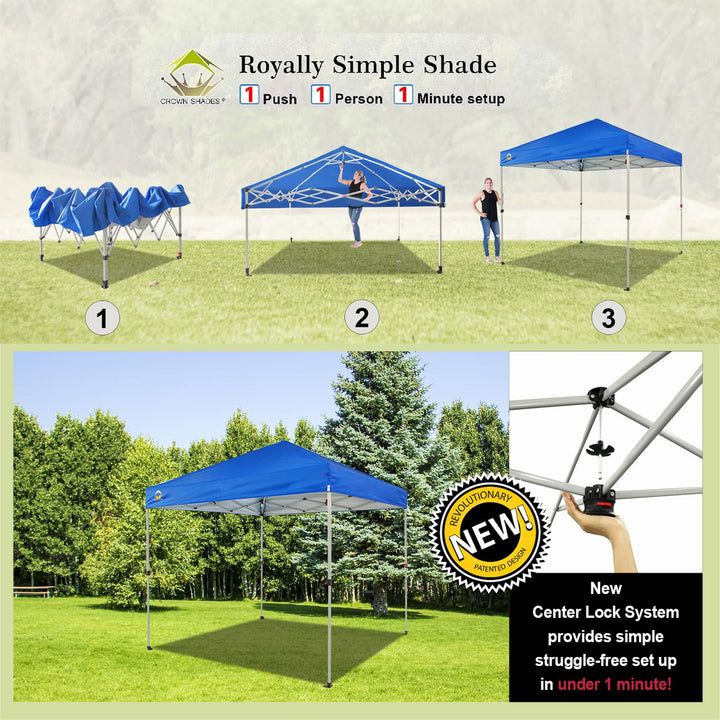 CROWN SHADES 8x8 Ft Pop Up Canopy Tent with 1 Push Center Lock, Blue (Used) - VMInnovations