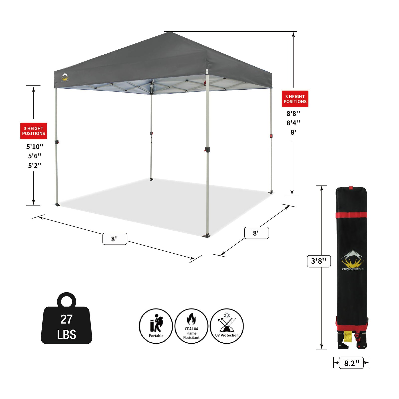 CROWN SHADES 8x8 Ft Pop Up Canopy Tent with 1 Push Center Lock, Gray (Used) - VMInnovations