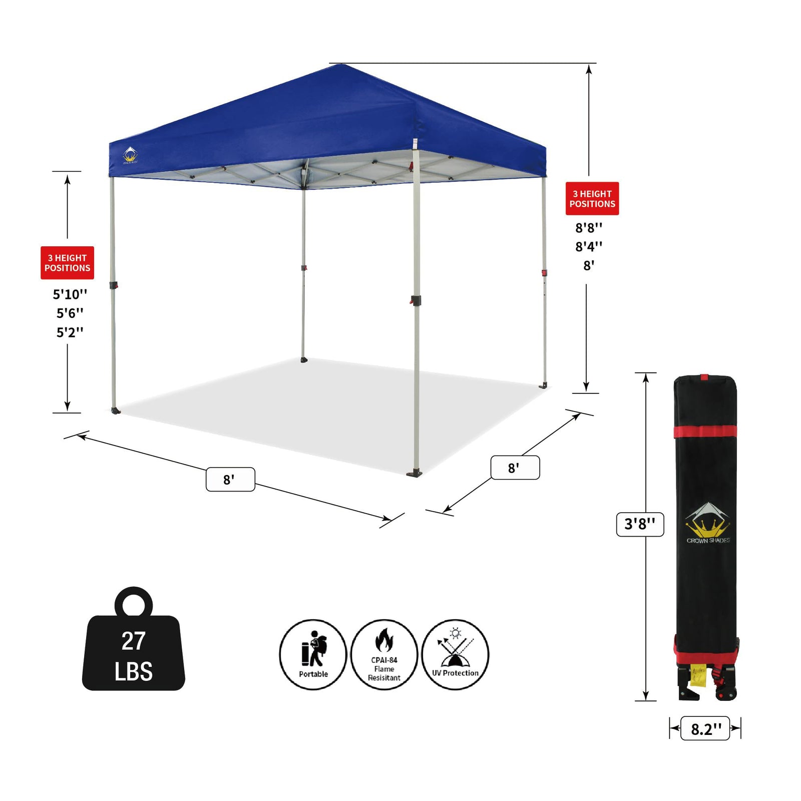 CROWN SHADES 8x8 Ft Pop Up Outdoor Canopy Tent w/ 1 Push Lock, Navy Blue (Used) - VMInnovations