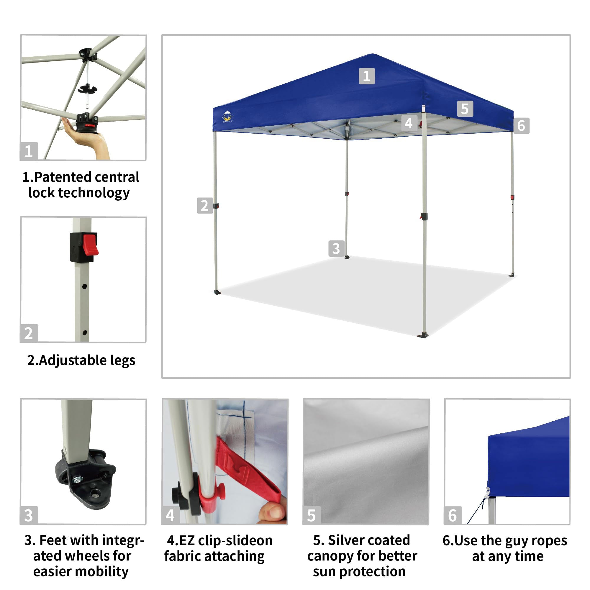 CROWN SHADES 8x8 Ft Pop Up Outdoor Canopy Tent w/ 1 Push Center Lock, Navy Blue