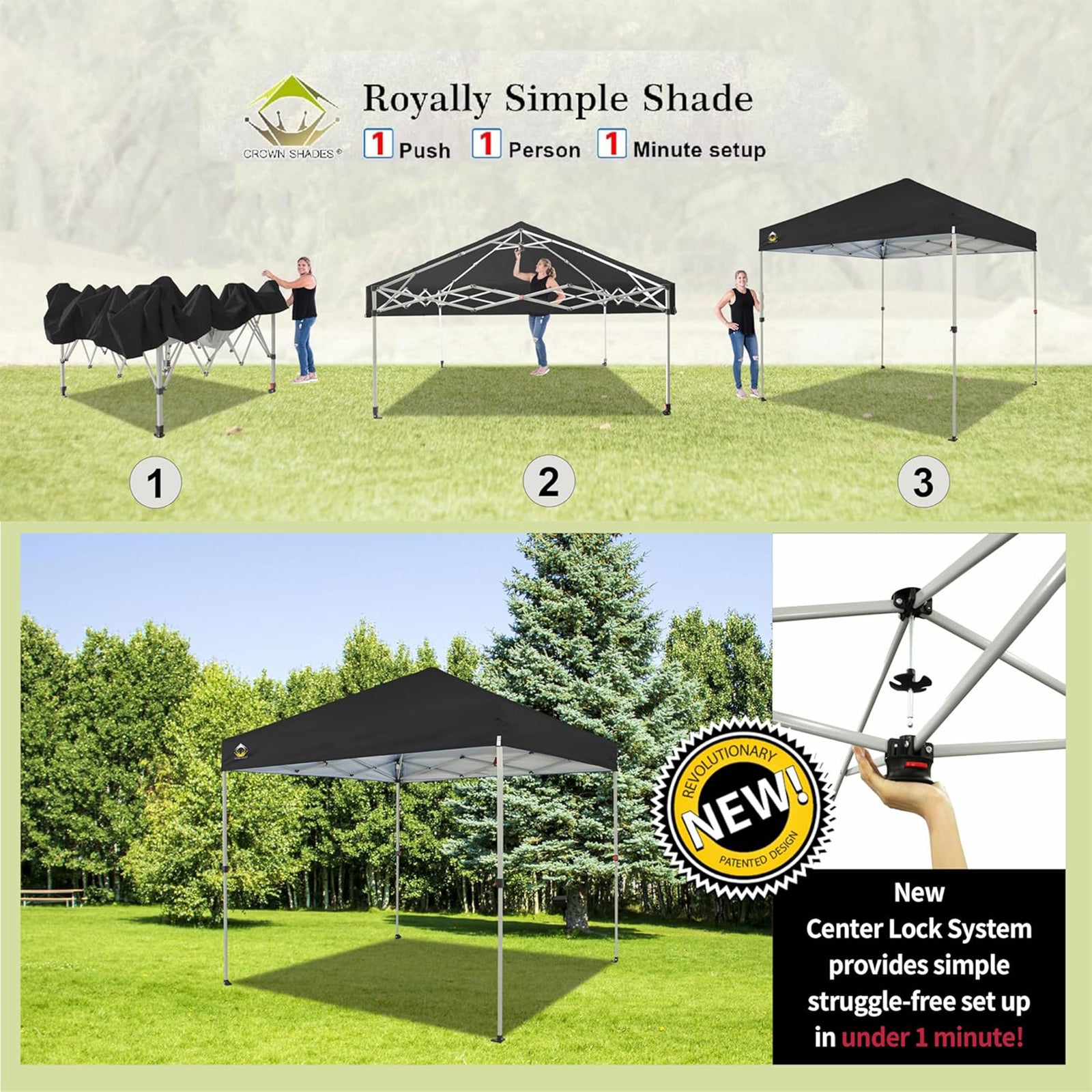 CROWN SHADES 8x8 Ft Pop Up Outdoor Canopy Tent with 1 Push Lock, Black (Used) - VMInnovations