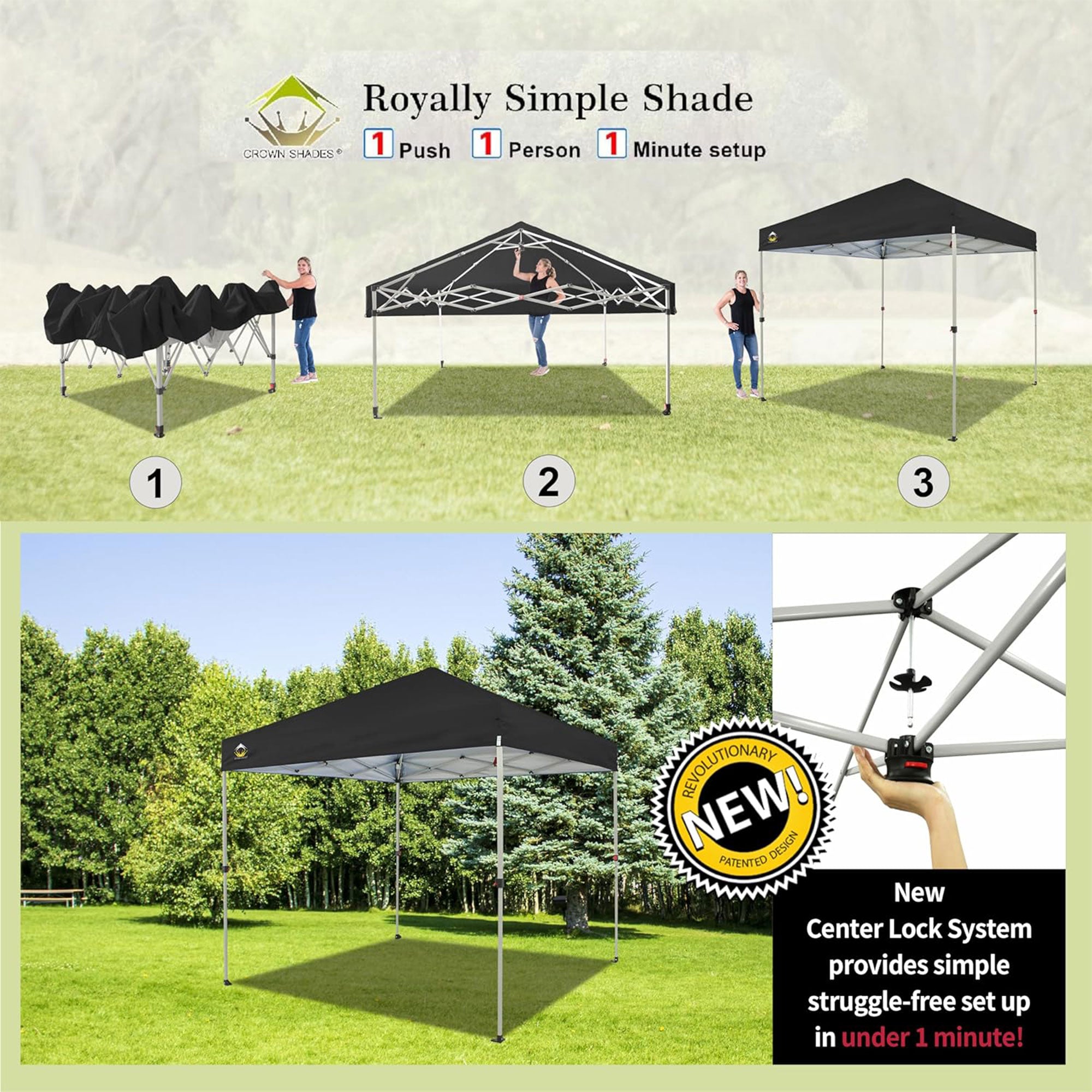 CROWN SHADES 8x8 Ft Pop Up Outdoor Canopy Tent with 1 Push Center Lock, Black