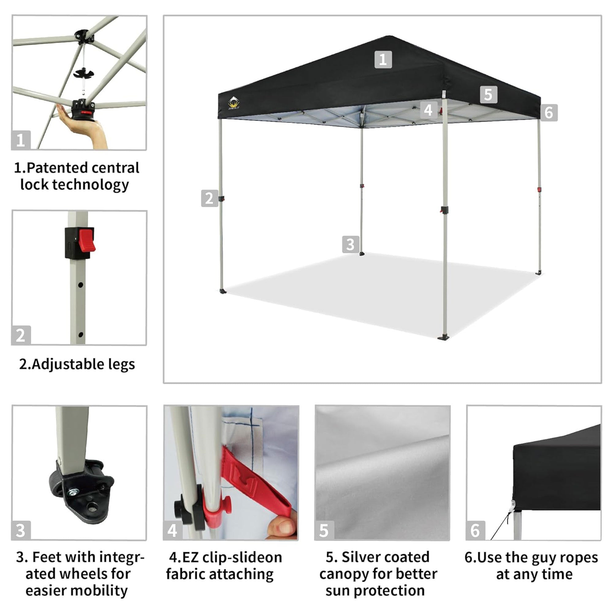 CROWN SHADES 8x8 Ft Pop Up Outdoor Canopy Tent with 1 Push Center Lock, Black