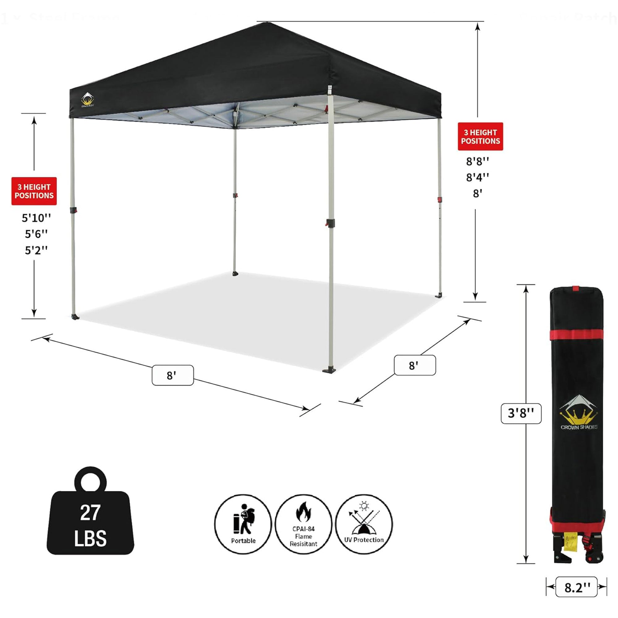 CROWN SHADES 8x8 Ft Pop Up Outdoor Canopy Tent with 1 Push Center Lock, Black