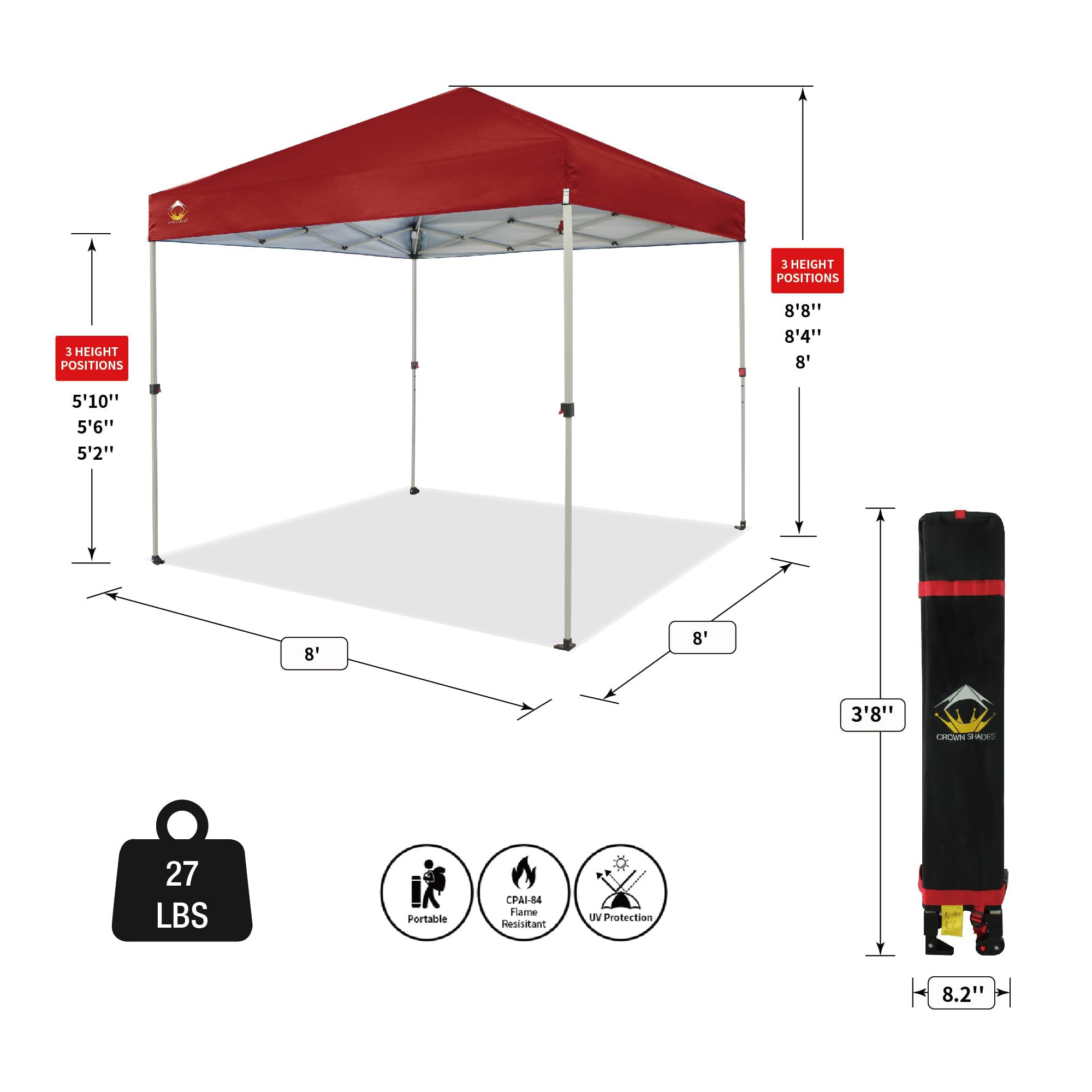 CROWN SHADES 8x8 Ft Pop Up Outdoor Canopy Tent with 1 Push Center Lock, Red