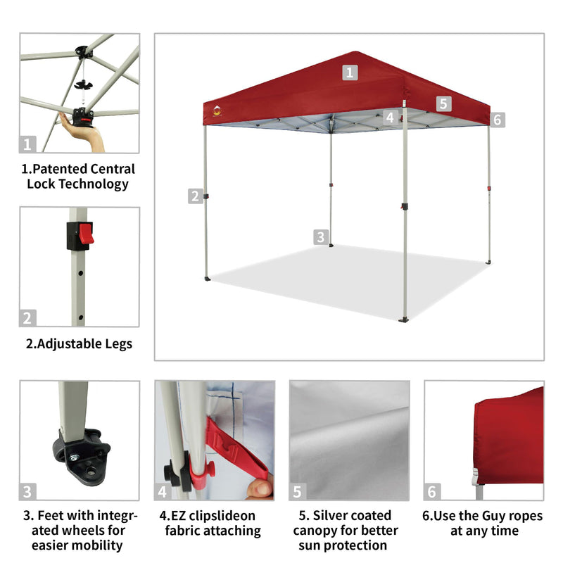 CROWN SHADES 8x8 Ft Pop Up Outdoor Canopy Tent with 1 Push Lock, Red (Used)