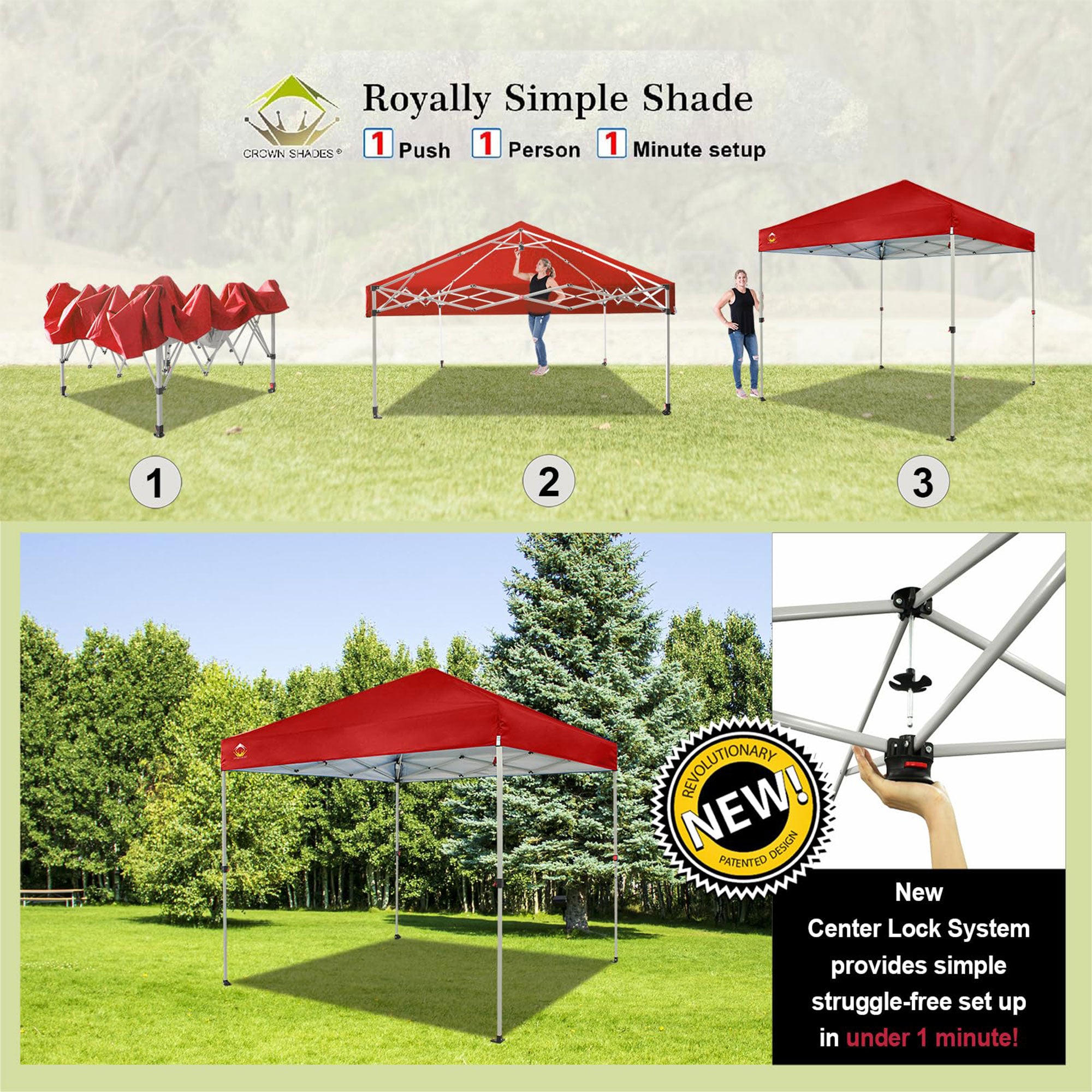 CROWN SHADES 8x8 Ft Pop Up Outdoor Canopy Tent with 1 Push Center Lock, Red