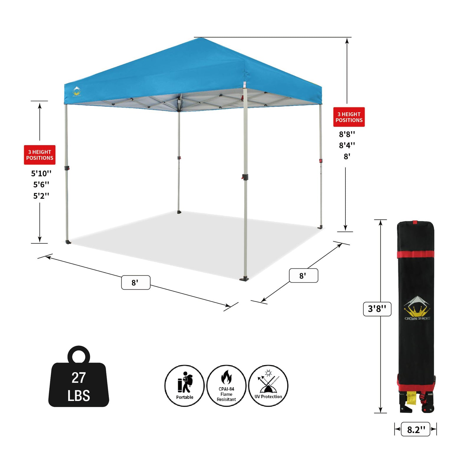 CROWN SHADES 8x8 Ft Pop Up Canopy Tent with 1 Push Center Lock, Sky Blue (Used) - VMInnovations