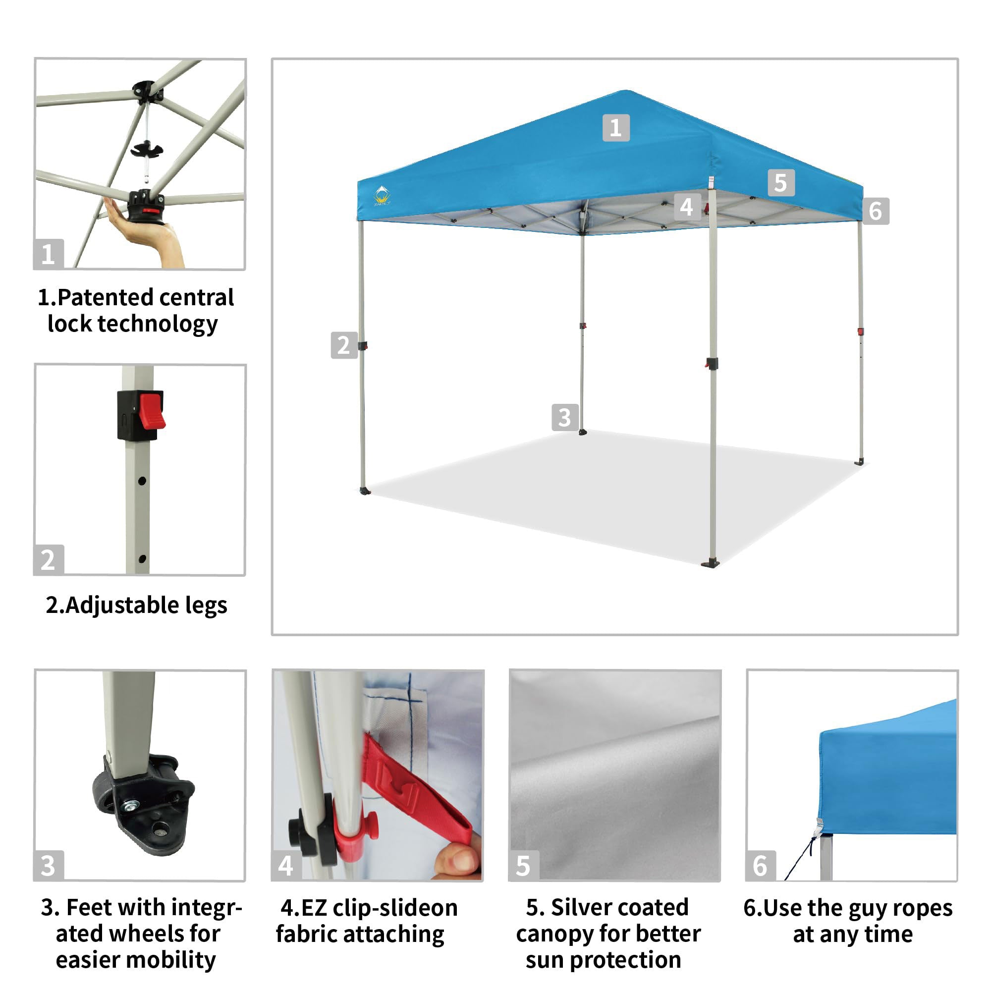 CROWN SHADES 8x8 Ft Pop Up Outdoor Canopy Tent with 1 Push Center Lock, Sky Blue