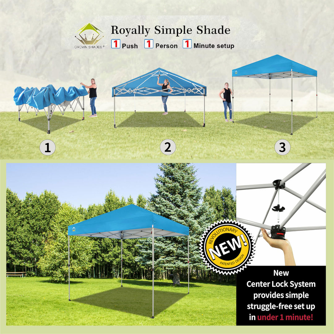 CROWN SHADES 8x8 Ft Pop Up Canopy Tent with 1 Push Center Lock, Sky Blue (Used) - VMInnovations