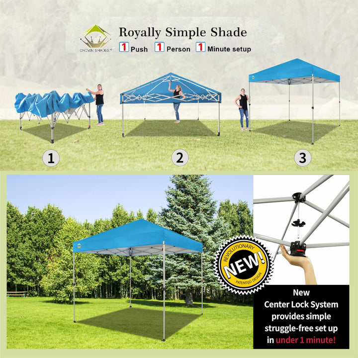 CROWN SHADES 8x8 Ft Pop Up Canopy Tent with 1 Push Center Lock, Sky Blue (Used) - VMInnovations