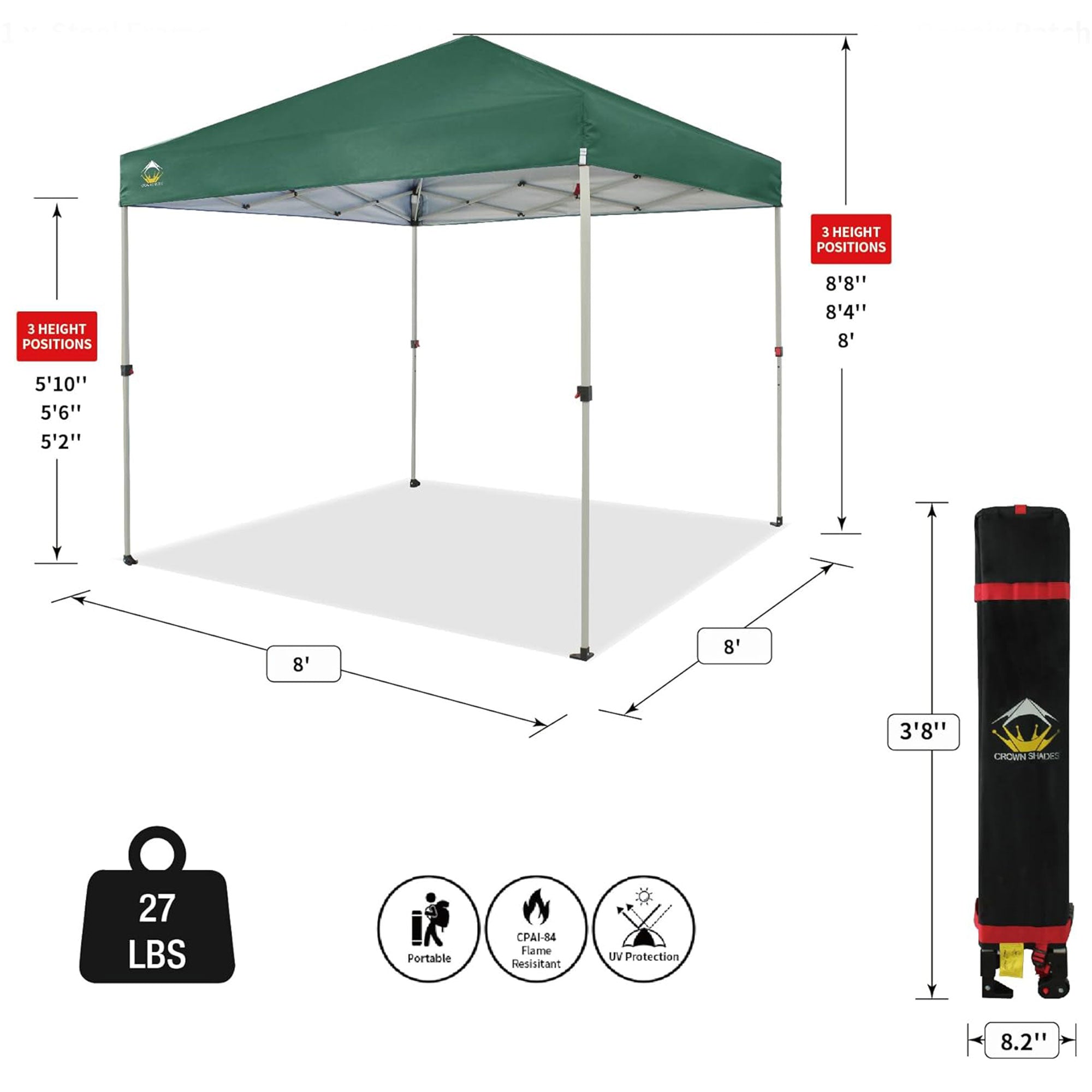 CROWN SHADES 8x8 Ft Pop Up Outdoor Canopy Tent, 1 Push Center Lock, Forest Green