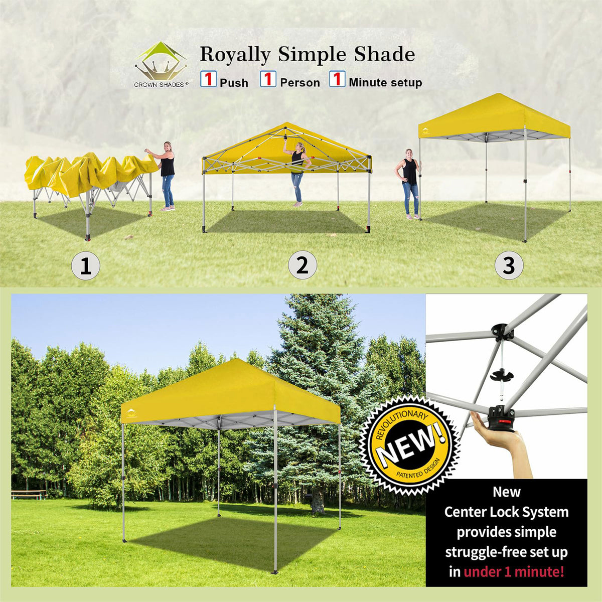 CROWN SHADES 8x8 Ft Pop Up Outdoor Canopy Tent with 1 Push Center Lock, Yellow