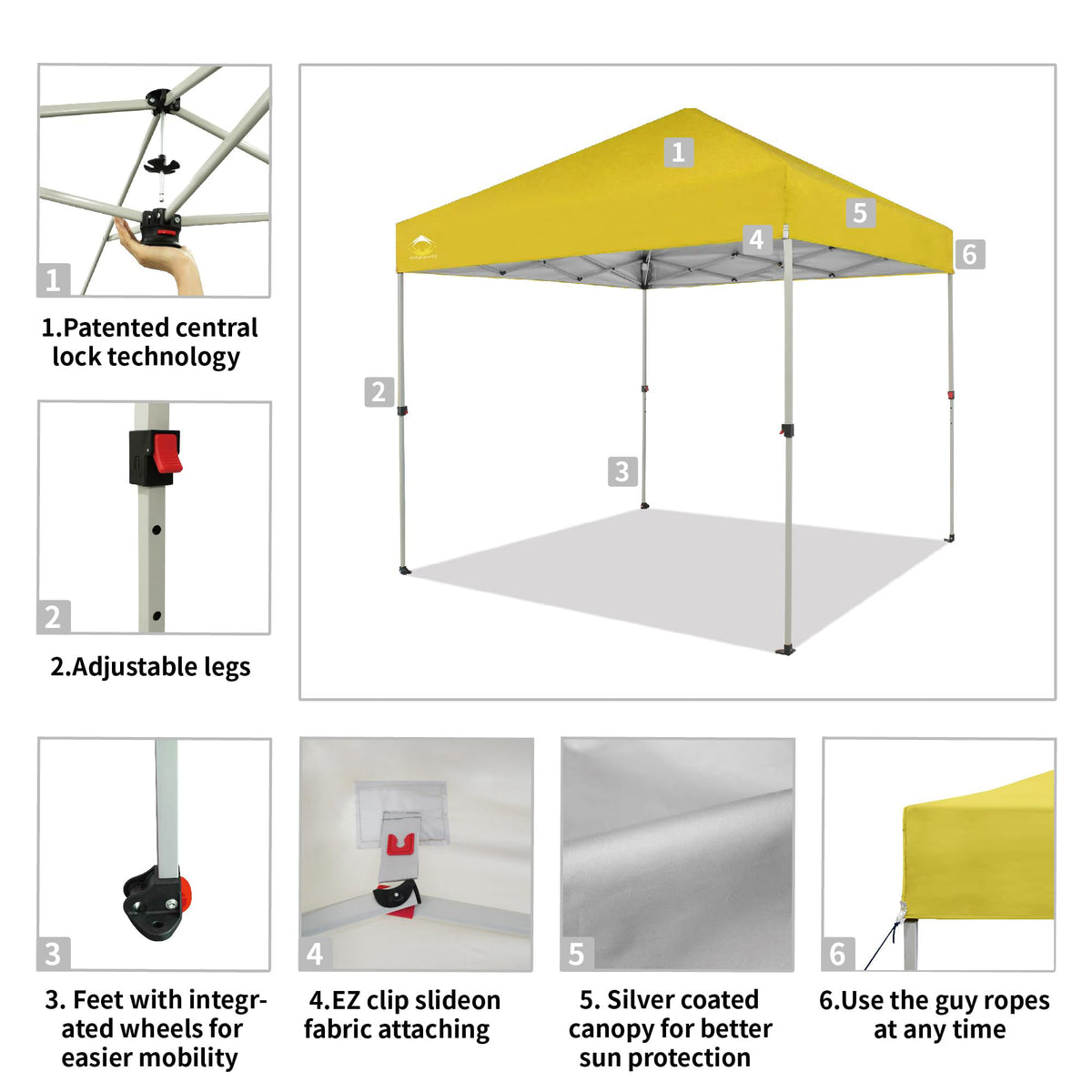 CROWN SHADES 8x8 Ft Pop Up Outdoor Canopy Tent with 1 Push Center Lock, Yellow