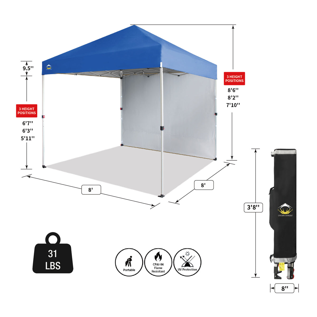 CROWN SHADES 8x8 Ft Pop Up Canopy Tent w/ Sidewall & 1 Push Center Lock, Blue