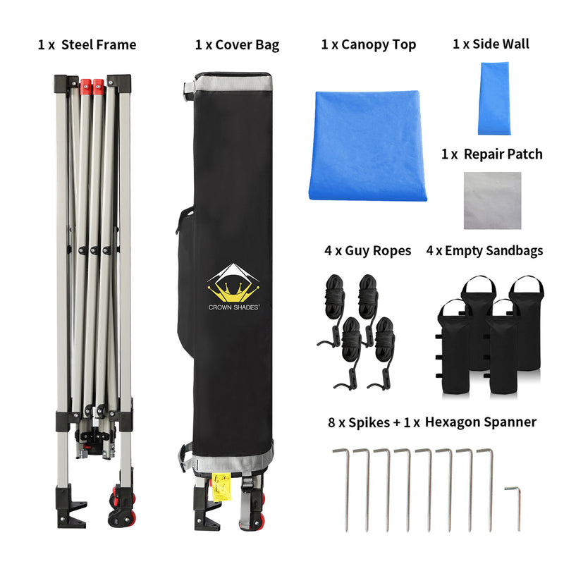 CROWN SHADES 8x8 Ft Pop Up Canopy Tent w/ Sidewall & 1 Push Lock, Blue (Used)
