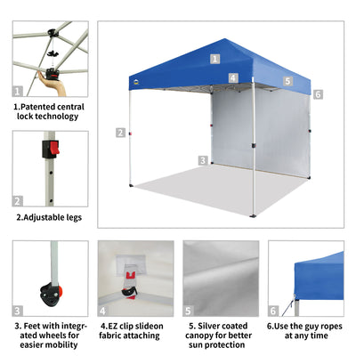 CROWN SHADES 8x8 Ft Pop Up Canopy Tent w/ Sidewall & 1 Push Lock, Blue (Used)