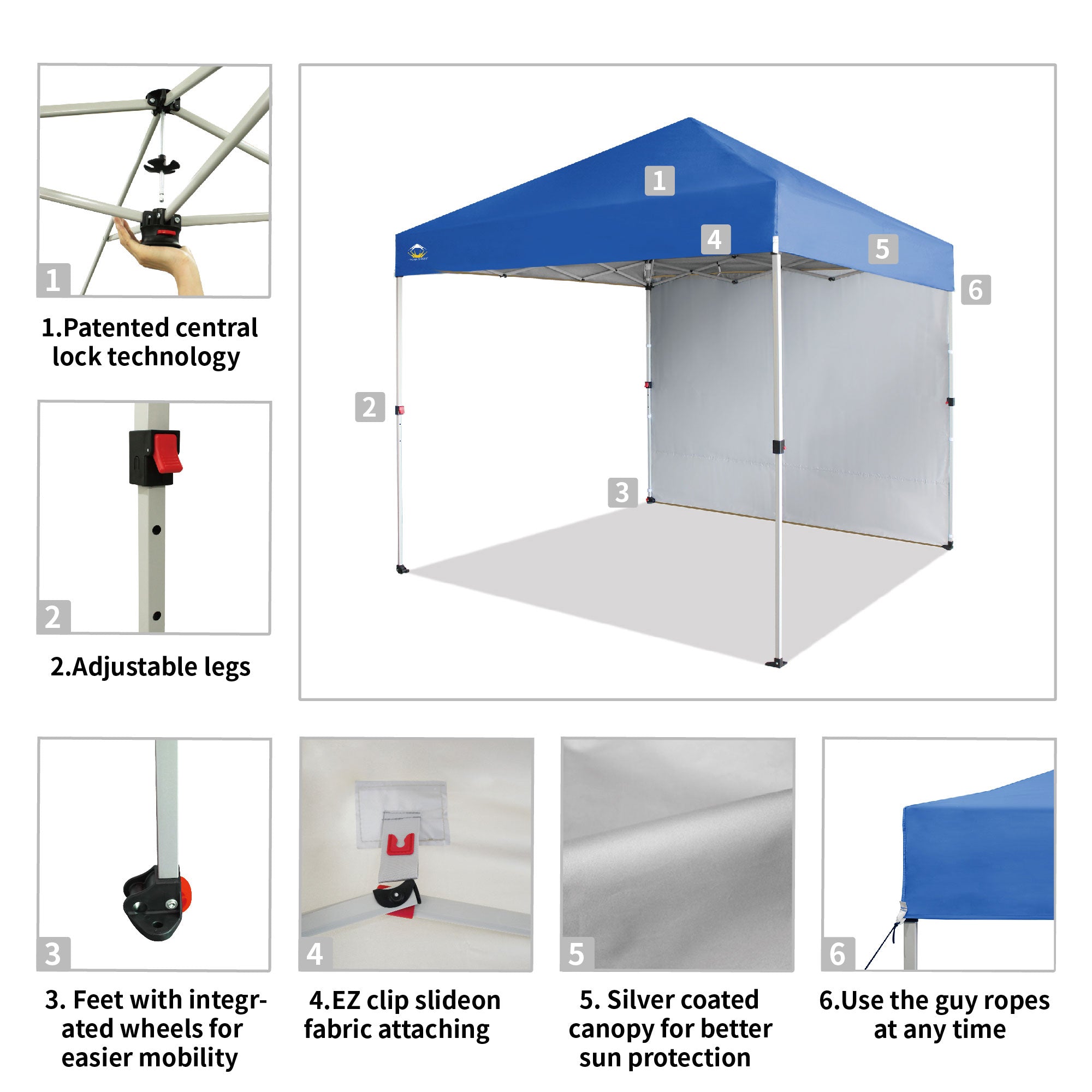 CROWN SHADES 8x8 Ft Pop Up Canopy Tent w/ Sidewall & 1 Push Center Lock, Blue