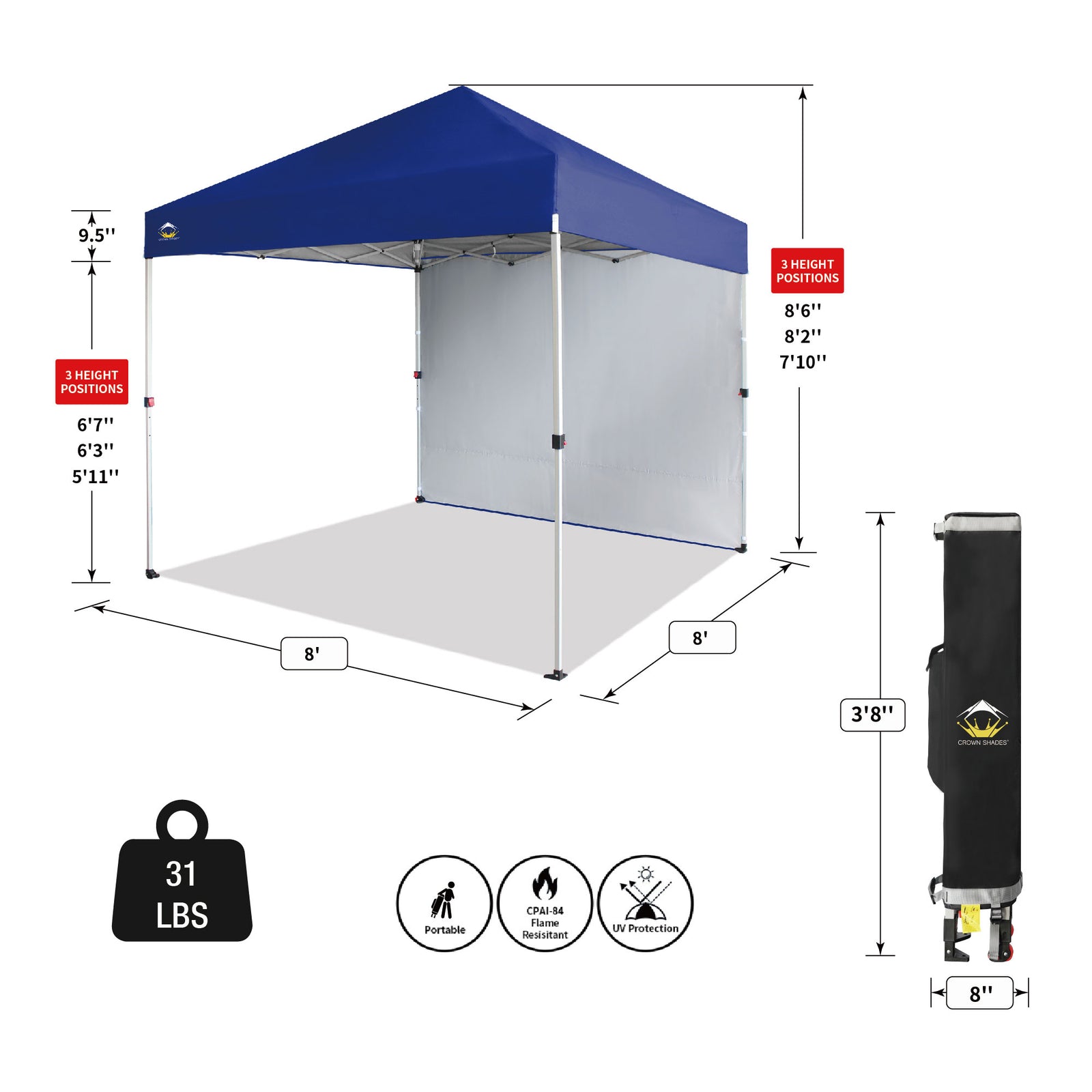 CROWN SHADES 8x8 Ft Pop Up Canopy Tent w/Sidewall Push Lock, Navy Blue (Used) - VMInnovations