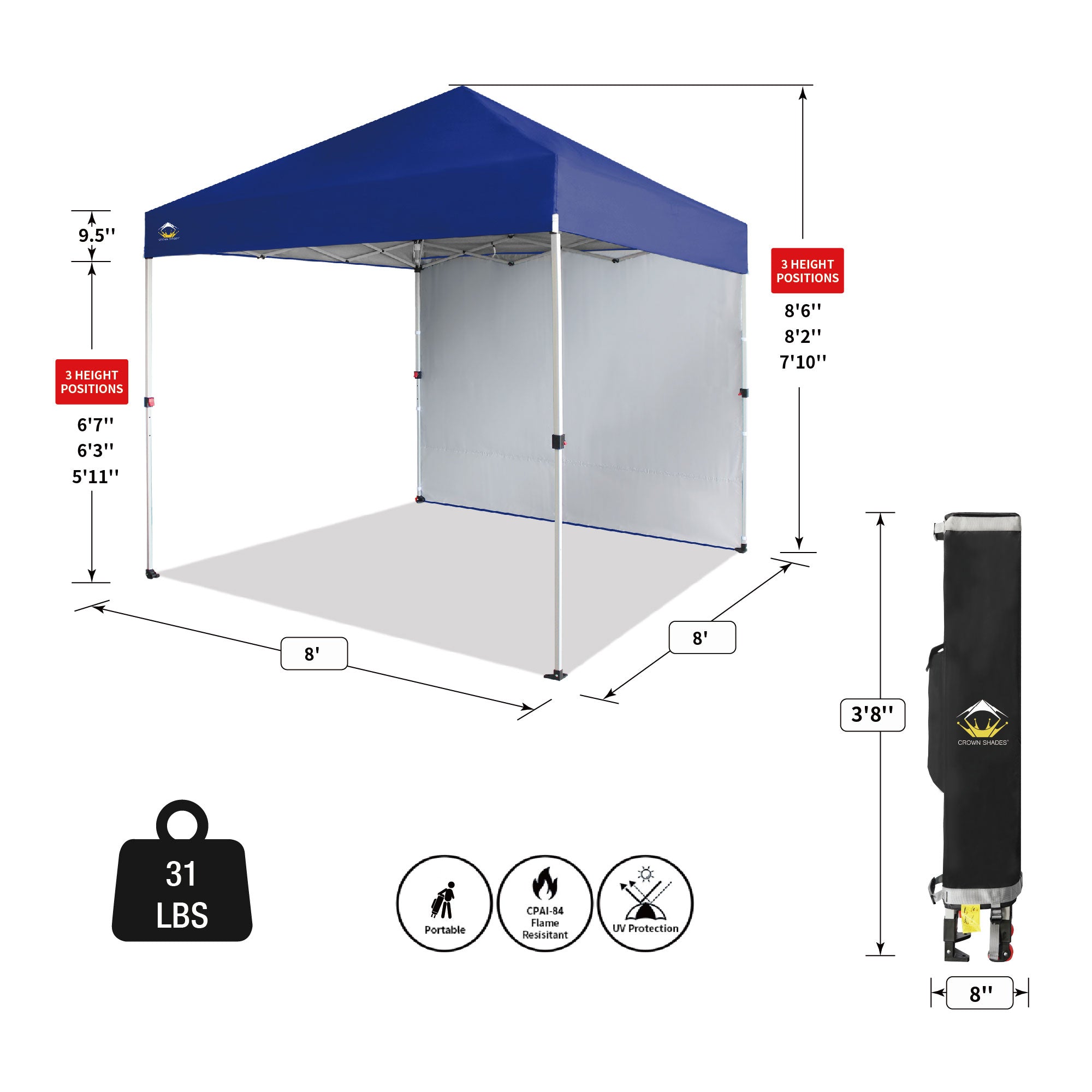 CROWN SHADES 8x8 Ft Pop Up Canopy Tent w/Sidewall Push Center Lock, Navy Blue