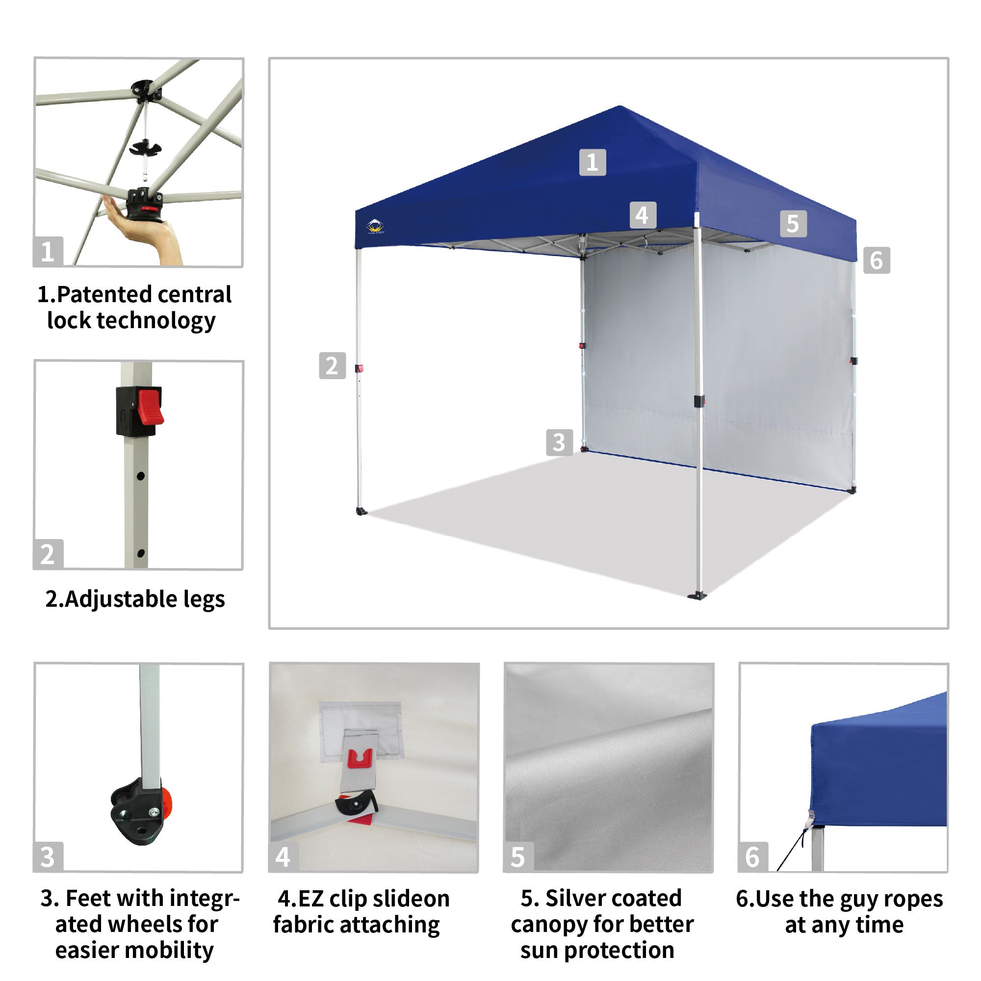 CROWN SHADES 8x8 Ft Pop Up Canopy Tent w/Sidewall Push Center Lock, Navy Blue