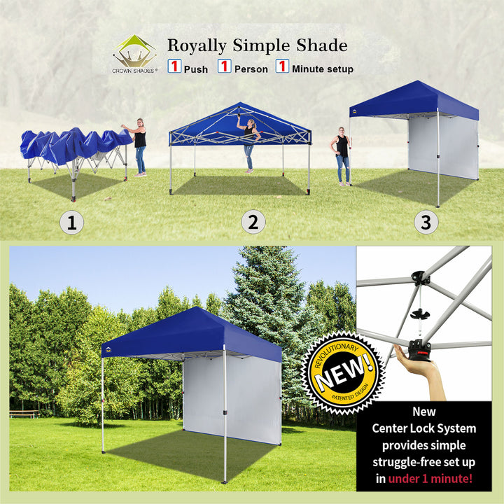 CROWN SHADES 8x8 Ft Pop Up Canopy Tent w/Sidewall Push Lock, Navy Blue (Used)