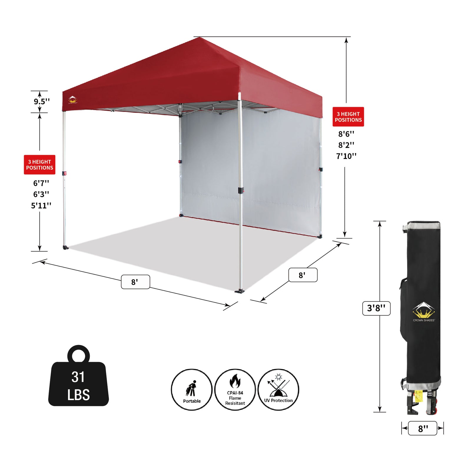 CROWN SHADES 8x8 Ft Pop Up Canopy Tent w/ Sidewall & 1 Push Lock, Red (Used) - VMInnovations