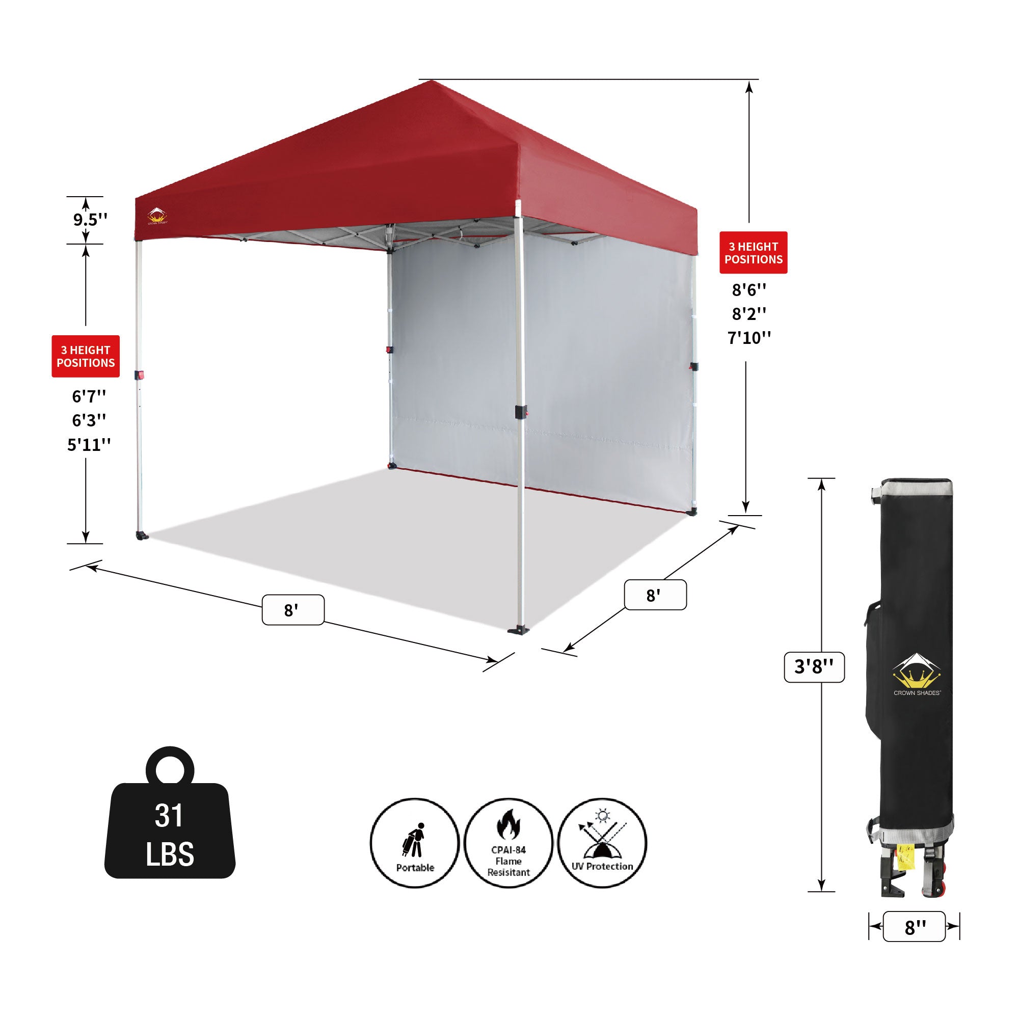 CROWN SHADES 8x8 Ft Pop Up Canopy Tent w/ Sidewall & 1 Push Center Lock, Red