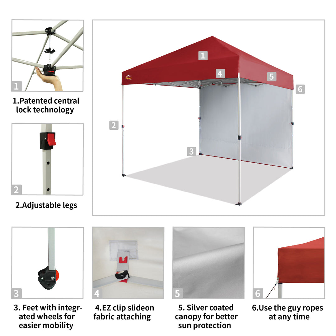 CROWN SHADES 8x8 Ft Pop Up Canopy Tent w/ Sidewall & 1 Push Lock, Red (Used) - VMInnovations