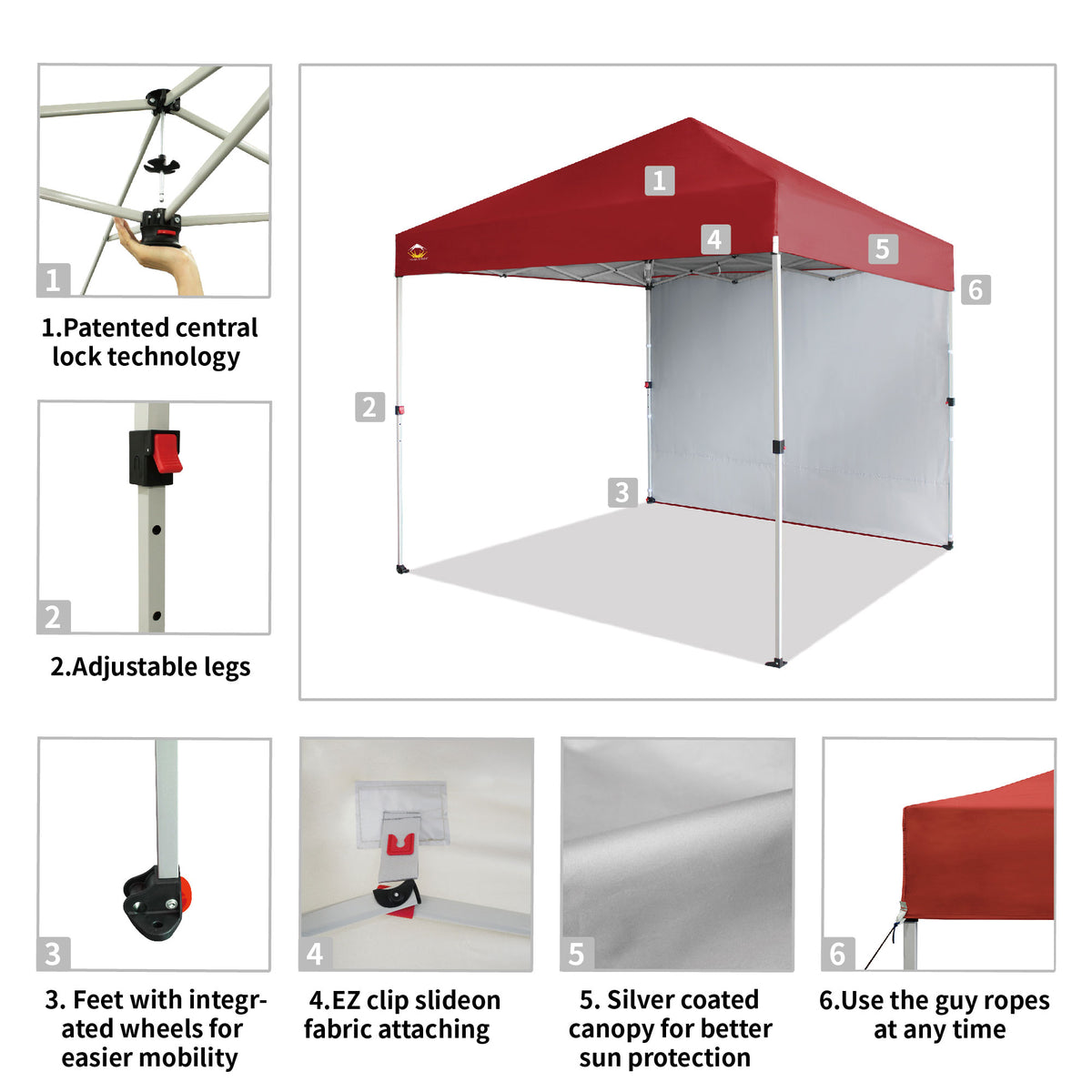CROWN SHADES 8x8 Ft Pop Up Canopy Tent w/ Sidewall & 1 Push Center Lock, Red