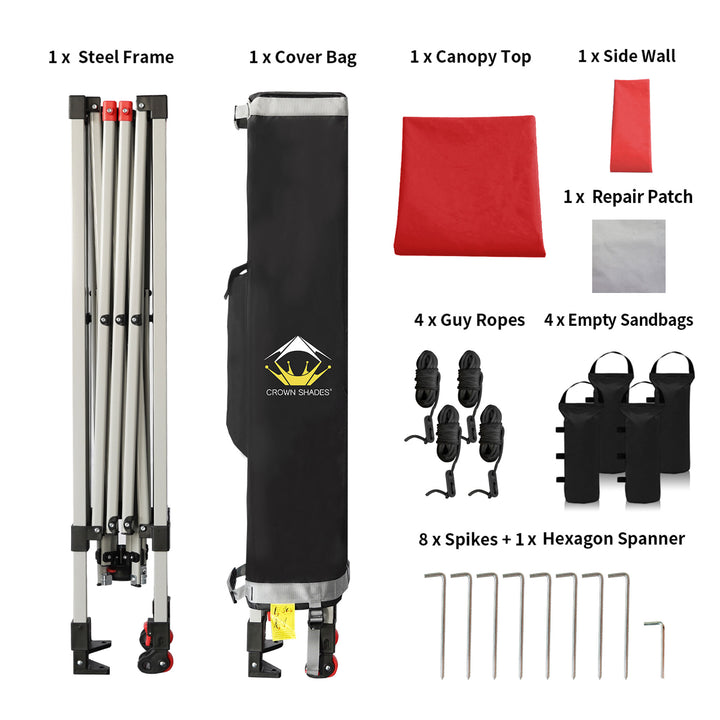 CROWN SHADES 8x8 Ft Pop Up Canopy Tent w/ Sidewall & 1 Push Lock, Red (Used) - VMInnovations
