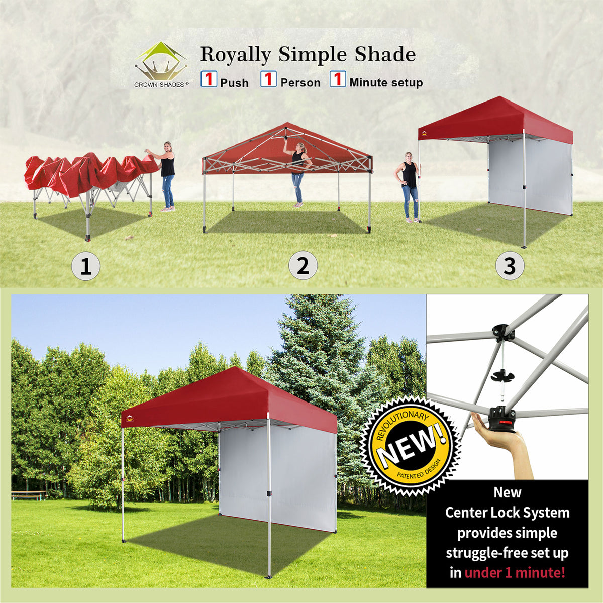 CROWN SHADES 8x8 Ft Pop Up Canopy Tent w/ Sidewall & 1 Push Center Lock, Red