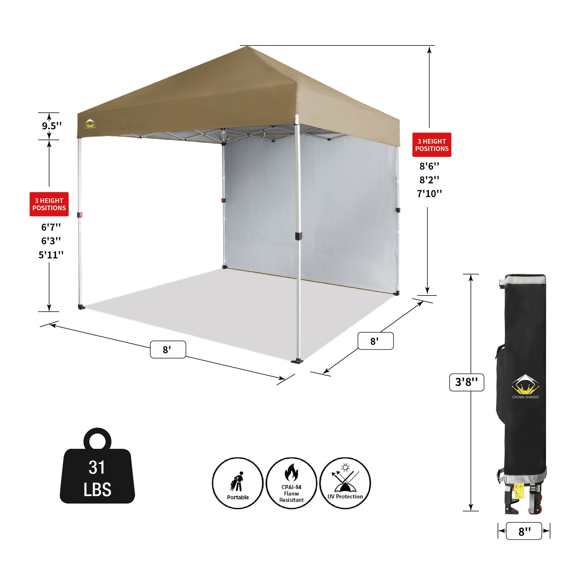 CROWN SHADES 8x8 Ft Pop Up Canopy Tent w/ Sidewall & 1 Push Center Lock, Beige - VMInnovations