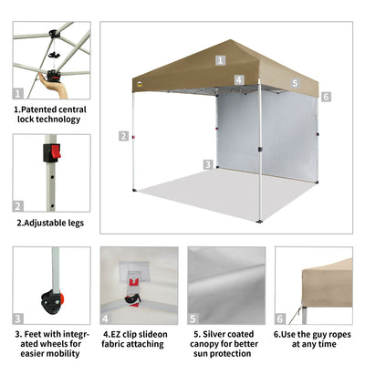 CROWN SHADES 8x8 Ft Pop Up Canopy Tent w/ Sidewall & 1 Push Center Lock, Beige - VMInnovations