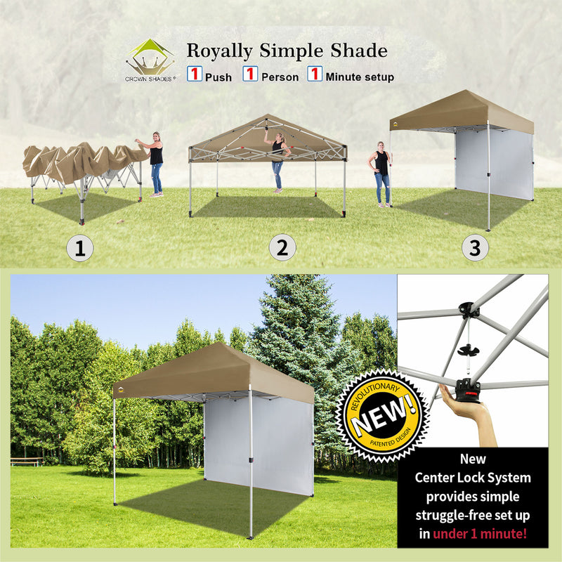 CROWN SHADES 8x8 Ft Pop Up Canopy Tent w/ Sidewall & 1 Push Lock, Beige (Used)