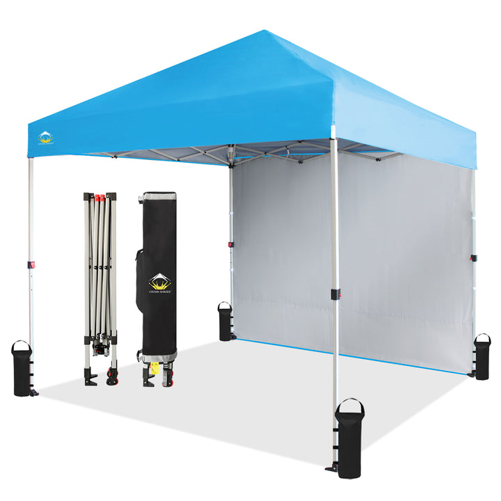 CROWN SHADES 8x8 Ft Pop Up Canopy Tent w/Sidewall & 1 Push Lock, Sky Blue (Used)