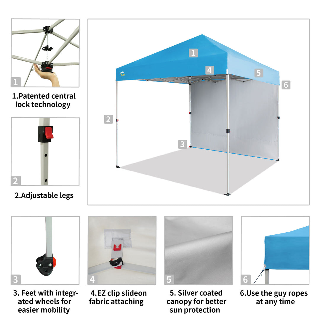 CROWN SHADES 8x8 Ft Pop Up Canopy Tent w/Sidewall & 1 Push Lock, Sky Blue (Used)