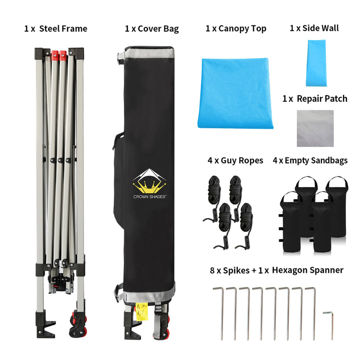 CROWN SHADES 8x8 Ft Pop Up Canopy Tent w/Sidewall & 1 Push Lock, Sky Blue (Used)