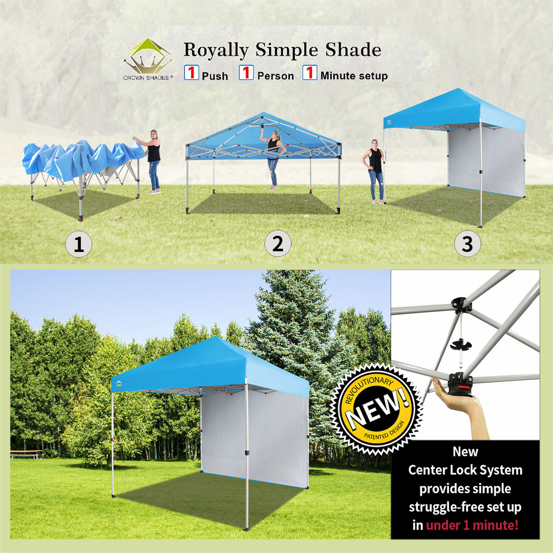 CROWN SHADES 8x8 Ft Pop Up Canopy Tent w/Sidewall & 1 Push Lock, Sky Blue (Used)