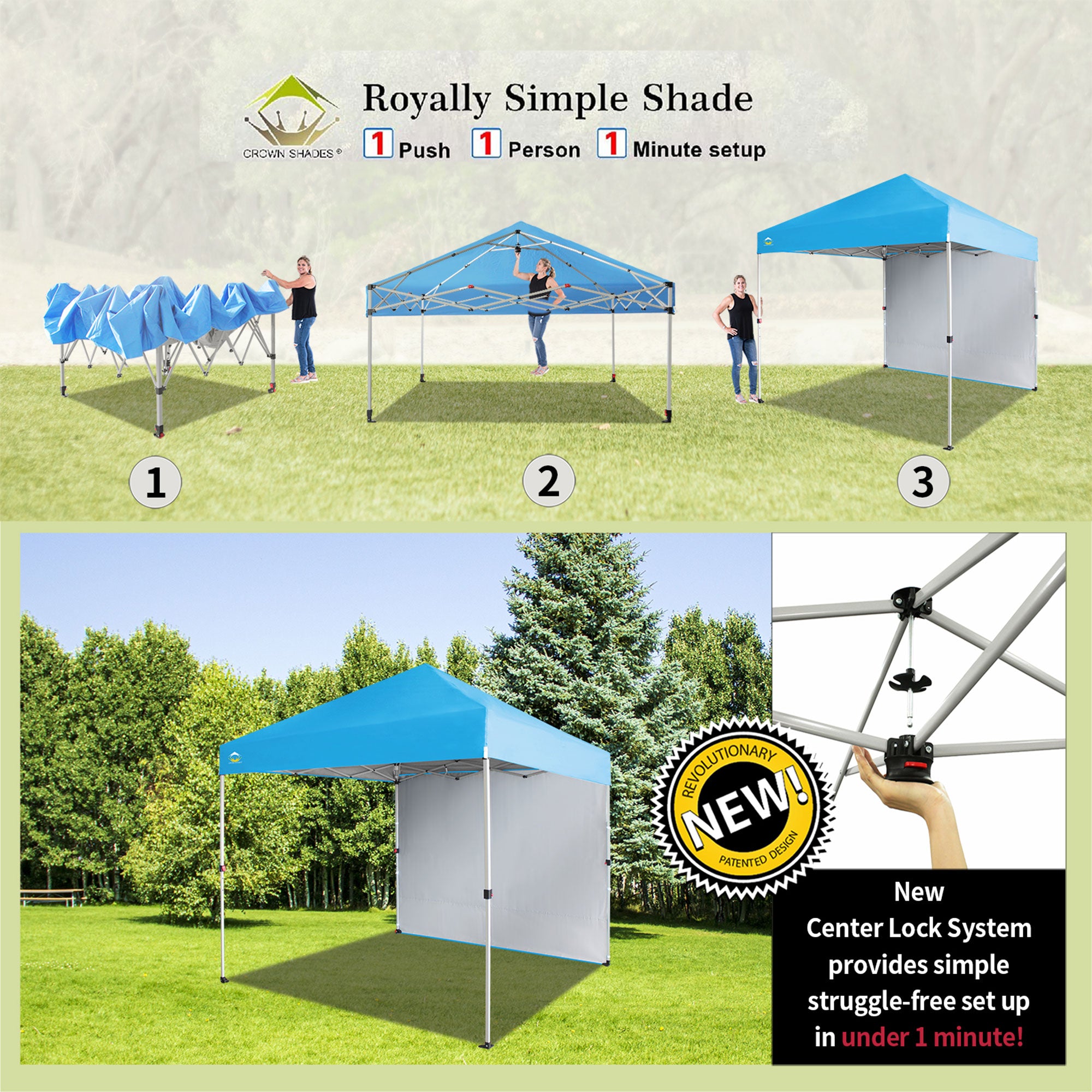 CROWN SHADES 8x8 Ft Pop Up Canopy Tent w/Sidewall & 1 Push Center Lock, Sky Blue