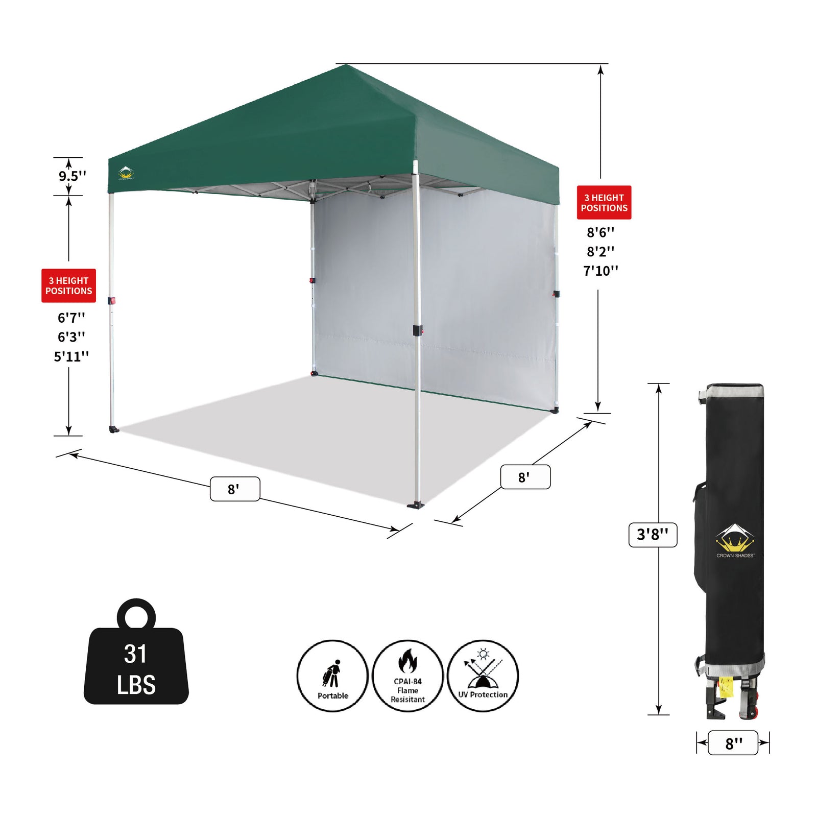 CROWN SHADES 8x8 Ft Pop Up Canopy Tent w/Sidewall, Forest Green (Used) - VMInnovations